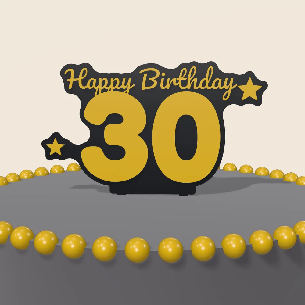 Gold and black Happy Birthday 30 cake topper